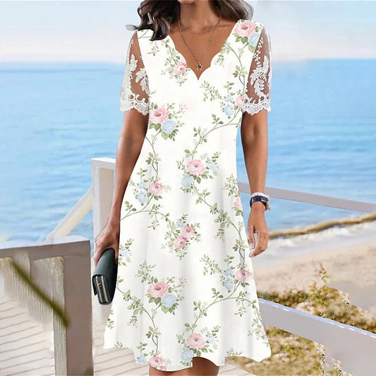 Damen Blumenkleid mit luftigen Spitzenärmeln und elegantem V-Ausschnitt Stalluxe
