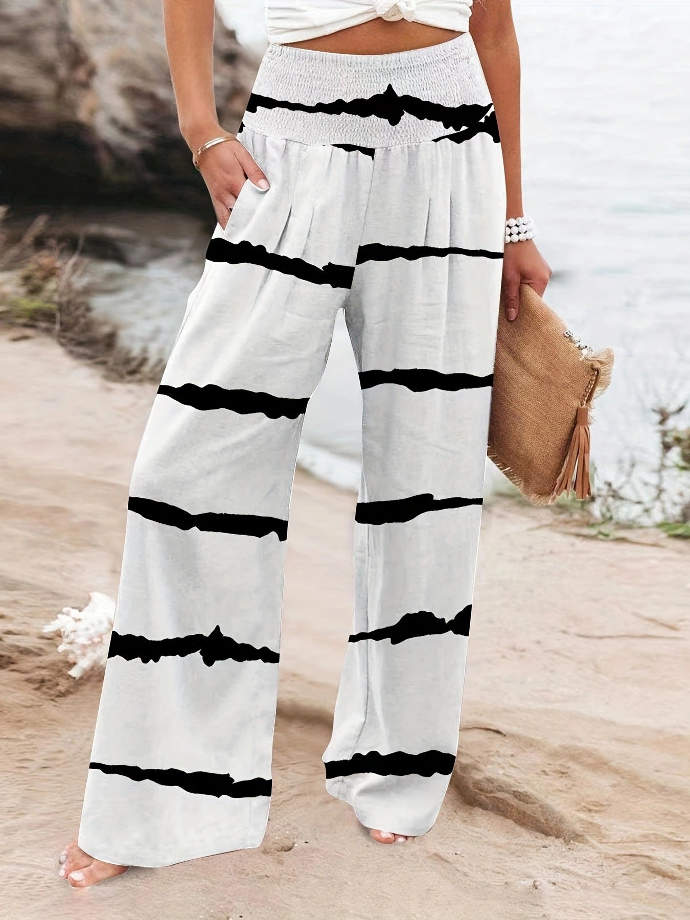Damen weit geschnittene Sommerhose mit elastischem Bund und modischem Streifenmuster Stalluxe