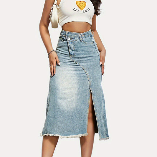 Damen Midirock mit seitlichem Schlitz und fransigem Saum Stalluxe