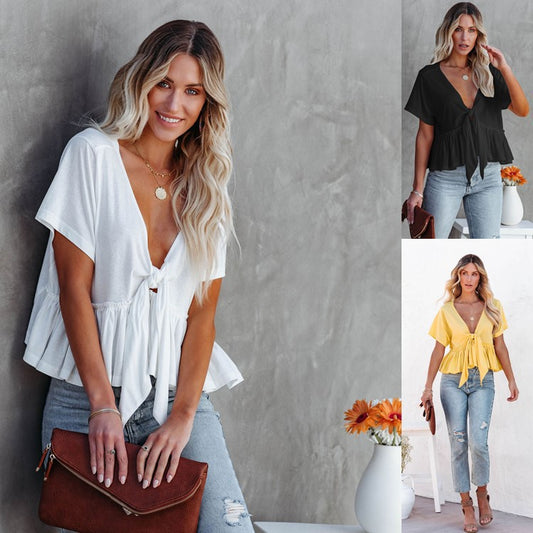 Damen Kurzarm Bluse mit knotbarem Design und frilligem Saum Stalluxe