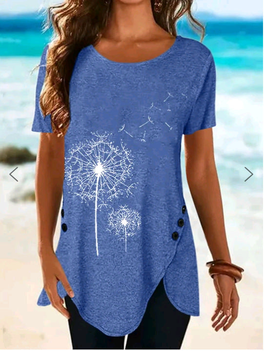 Damen Kurzarmshirt mit asymmetrischem Saum und Dandelion-Print Stalluxe