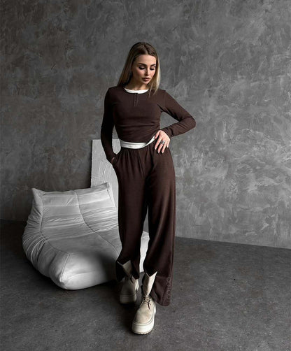 Damen gemütlicher Lounge-Anzug mit elegantem Kragen und weitem Bein Stalluxe