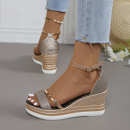 Damen Wedge-Sandalen mit funkelndem Obermaterial und elegantem Riemendesign Stalluxe