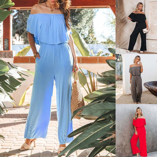 Damen Off-Shoulder Jumpsuit mit weitem Bein und elastischem Bund Stalluxe