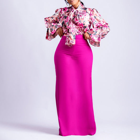 Damen Elegantes Etuikleid mit floralen Ärmel und Rüschen-Details Stalluxe
