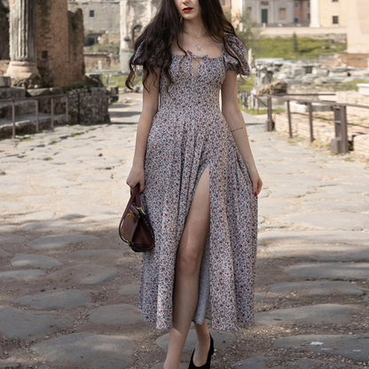Damen Blumenkleid mit Schößchen und hoher Schlitze Stalluxe