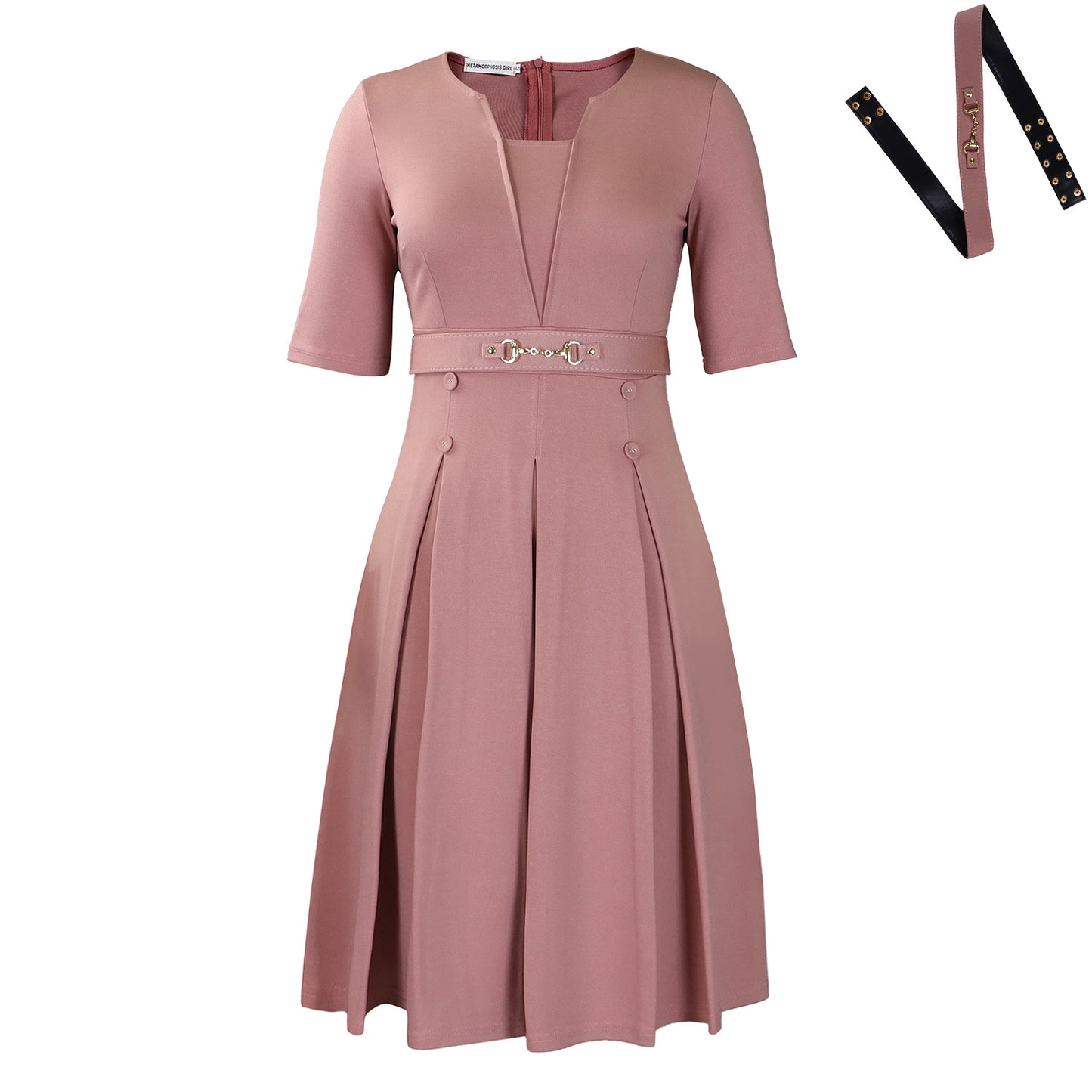 Damen Elegantes Midikleid mit figurschmeichelndem Schnitt und dekorativem Gürtel Stalluxe Dunkelkhaki