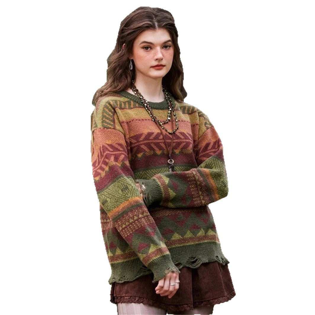 Damen Gemusterter Pullover im Boho-Stil mit fransigem Saum Stalluxe