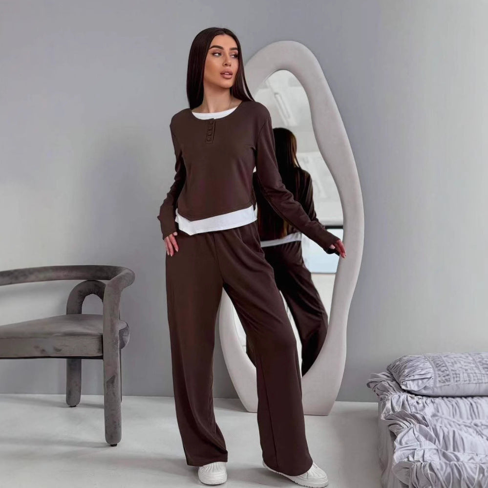 Damen gemütlicher Lounge-Anzug mit elegantem Kragen und weitem Bein Stalluxe