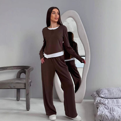 Damen gemütlicher Lounge-Anzug mit elegantem Kragen und weitem Bein Stalluxe