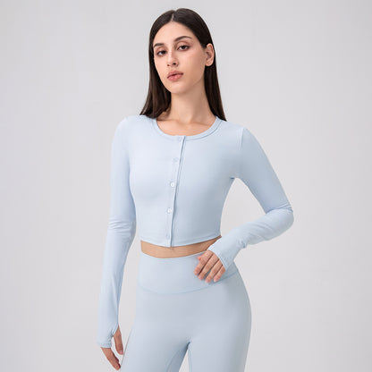 Damen Sport Cropped Langarmshirt mit Knopfleiste und Daumenlöchern Stalluxe
