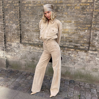 Damen Gesteppte Lederjacke und Hochbundhose Set Stalluxe