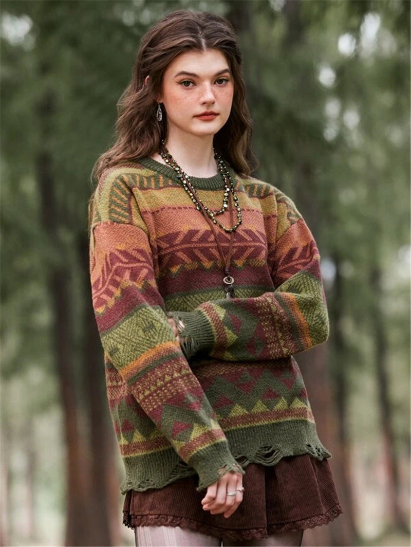 Damen Gemusterter Pullover im Boho-Stil mit fransigem Saum Stalluxe
