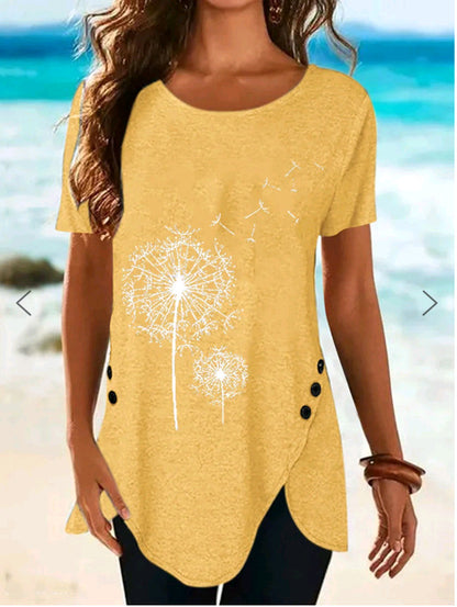 Damen Kurzarmshirt mit asymmetrischem Saum und Dandelion-Print Stalluxe
