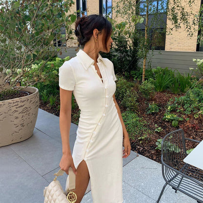 Damen Kurzarm Button-Down Midi Kleid mit Seitenschlitz Stalluxe