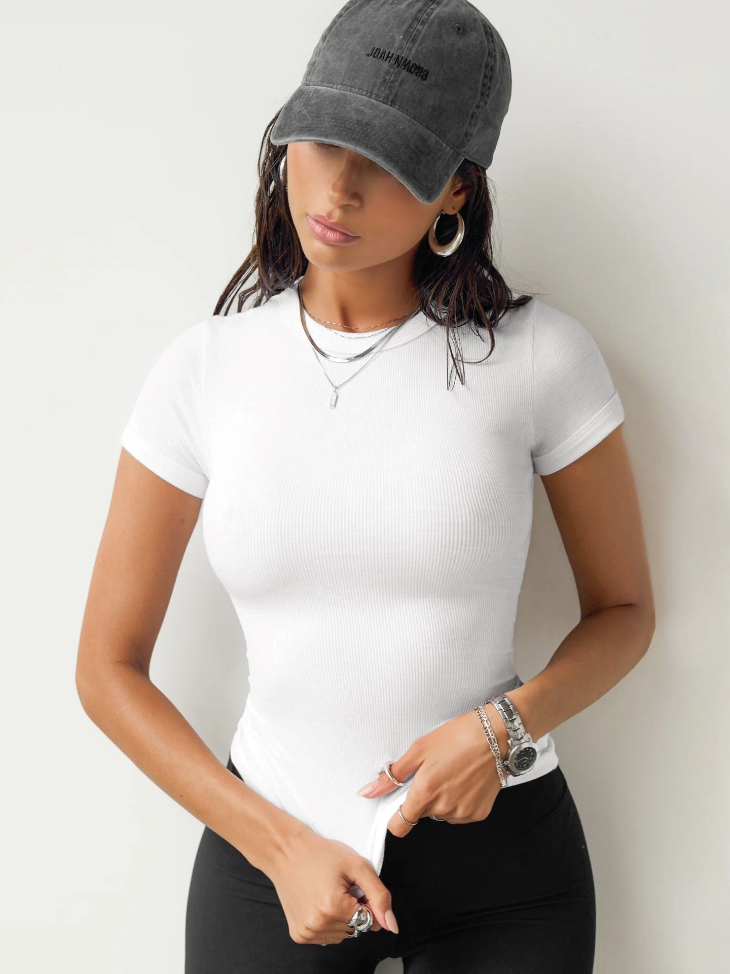 Damen figurbetontes Rippenshirt mit kurzen Ärmeln und Rundhalsausschnitt Stalluxe