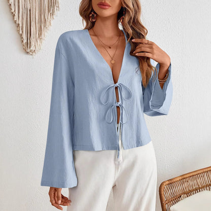 Damen lässige Blumenshirt mit tiefer V-Ausschnitt und Kordelzug Stalluxe
