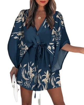 Damen Blusen-Kleid mit floralen Mustern und Bindegürtel Stalluxe