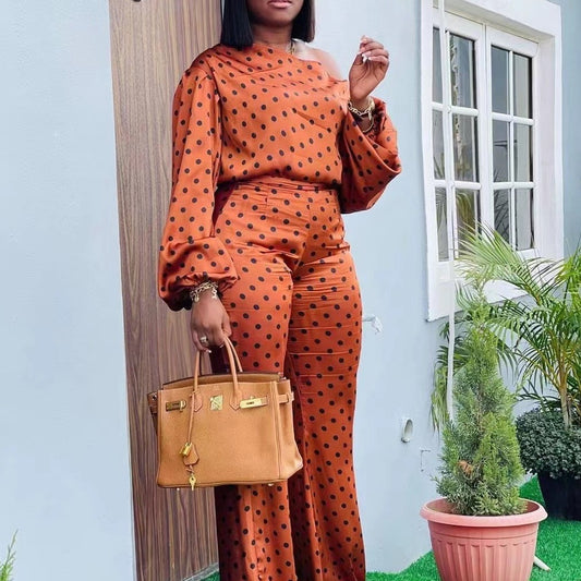 Damen Elegantes Zweiteiliges Polka Dot Set mit weitem Schnitt und langen Ärmeln Stalluxe