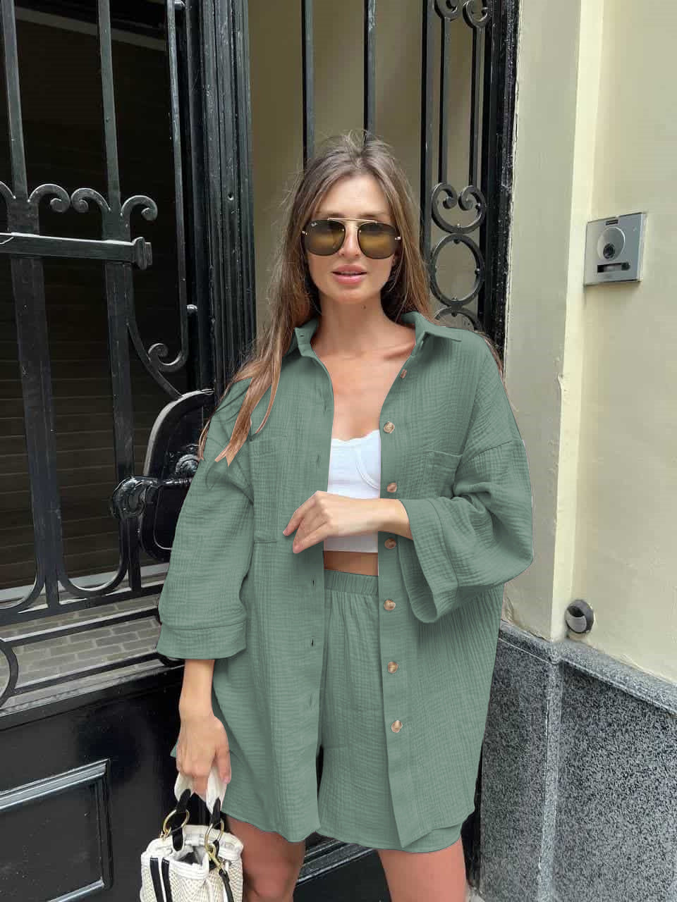 Damen lässiges Kurzarmblusen- und Shorts-Set Stalluxe Grün