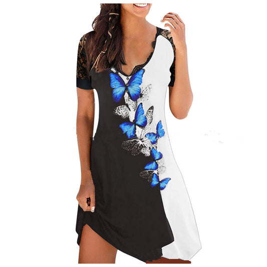 Damen Kurzärmliges Sommerkleid mit Schmetterlingsmuster und V-Ausschnitt Stalluxe