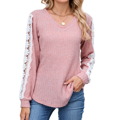 Damen Relaxed Fit V-Ausschnitt Pullover mit Spitzenakzenten Stalluxe