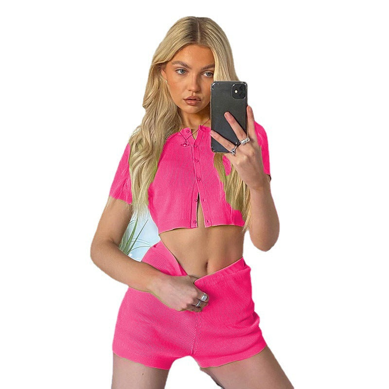Damen Cropped T-Shirt und Shorts Set mit modischem Rippdesign Stalluxe