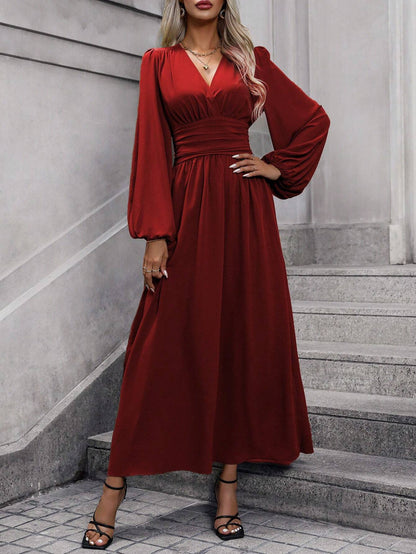 Damen elegantes Maxikleid mit V-Ausschnitt und voluminösen Puffärmeln Stalluxe