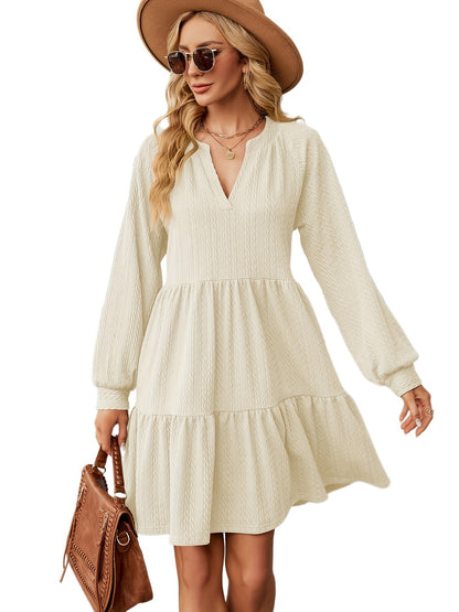Damen lässiges V-Ausschnitt Kleid mit voluminösen Ärmeln und Stufenrand Stalluxe