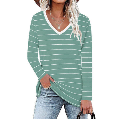 Damen V-Ausschnitt Langarmshirt mit Streifenmuster und seitlichen Schlitzen Stalluxe
