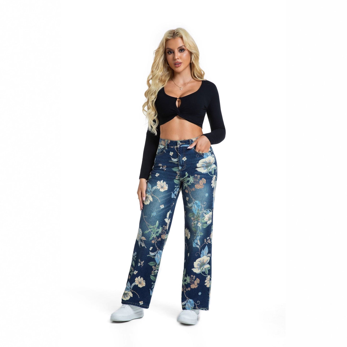 Damen weite Jeans im floralen Design mit hohem Bund Stalluxe