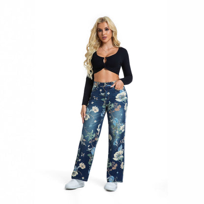 Damen weite Jeans im floralen Design mit hohem Bund Stalluxe
