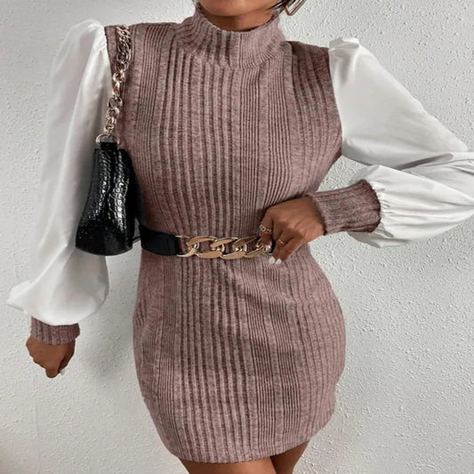 Damen Strickkleid mit eleganten Puffärmeln und Stehkragen Stalluxe