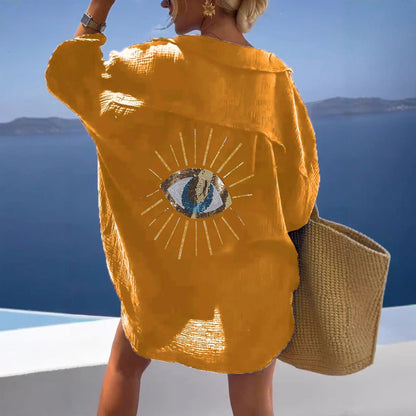 Damen Langarm-Hemdjacke mit auffälligem Augenprint Stalluxe