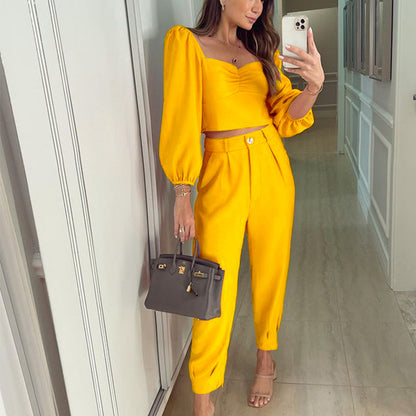 Damen Zweiteiliges Set mit Puffärmeln und eleganter Hochbundhose Stalluxe