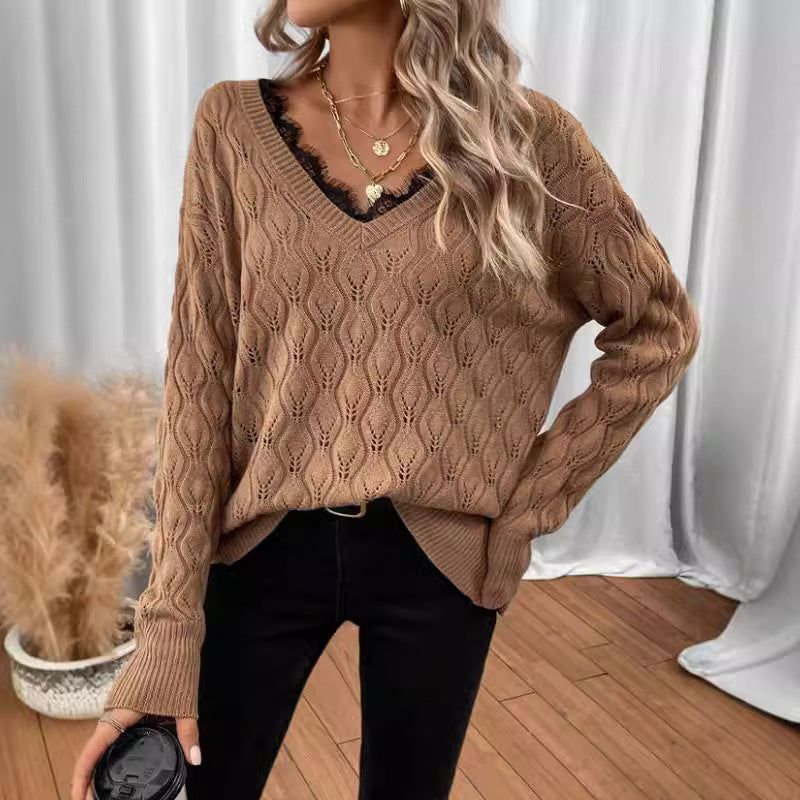 Damen Strickpullover mit elegantem V-Ausschnitt und feiner Lochstruktur Stalluxe