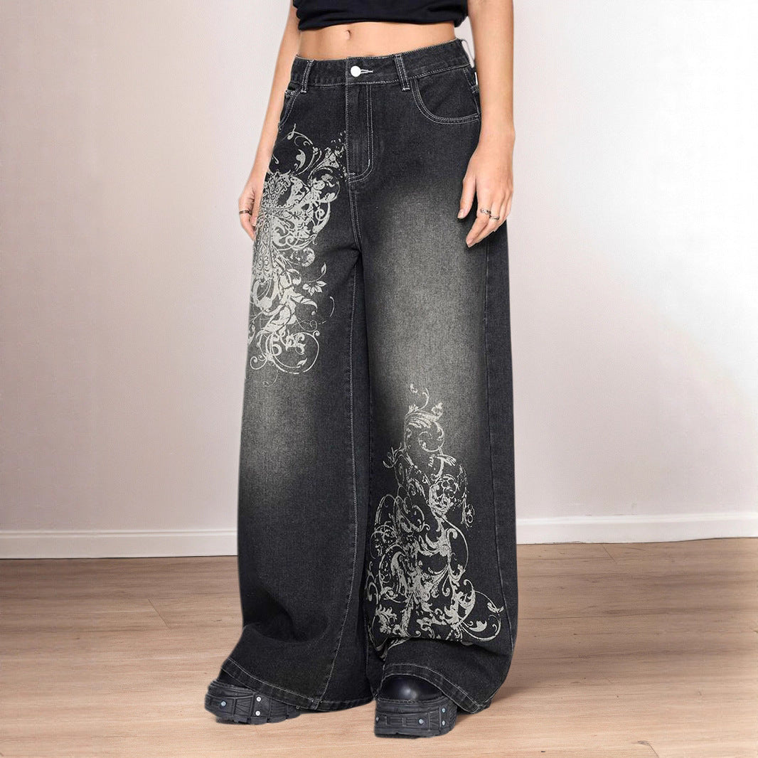 Damen weite Jeans mit kunstvollem Druck Stalluxe