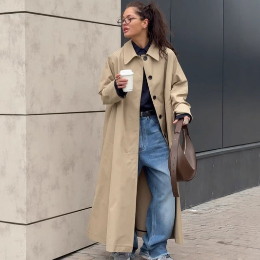Damen Lange und elegante Trenchcoat-Jacke aus wasserabweisendem Material Stalluxe