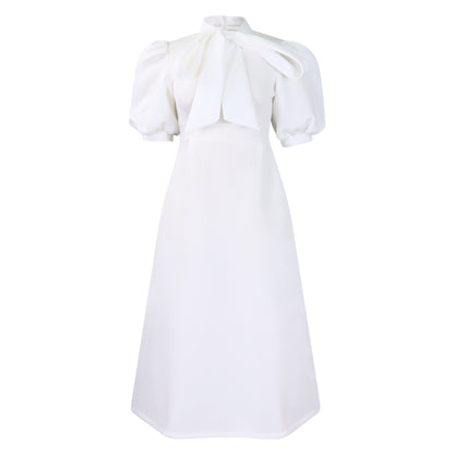 Damen Midi-Kleid mit eleganter Schleifenansatz und Puffärmel Stalluxe