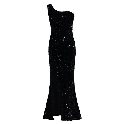 Damen Glitzerndes Abendkleid mit asymmetrischem Ausschnitt Stalluxe