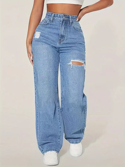Damen weite Jeans mit modischen Rissdetails und hohem Bund Stalluxe
