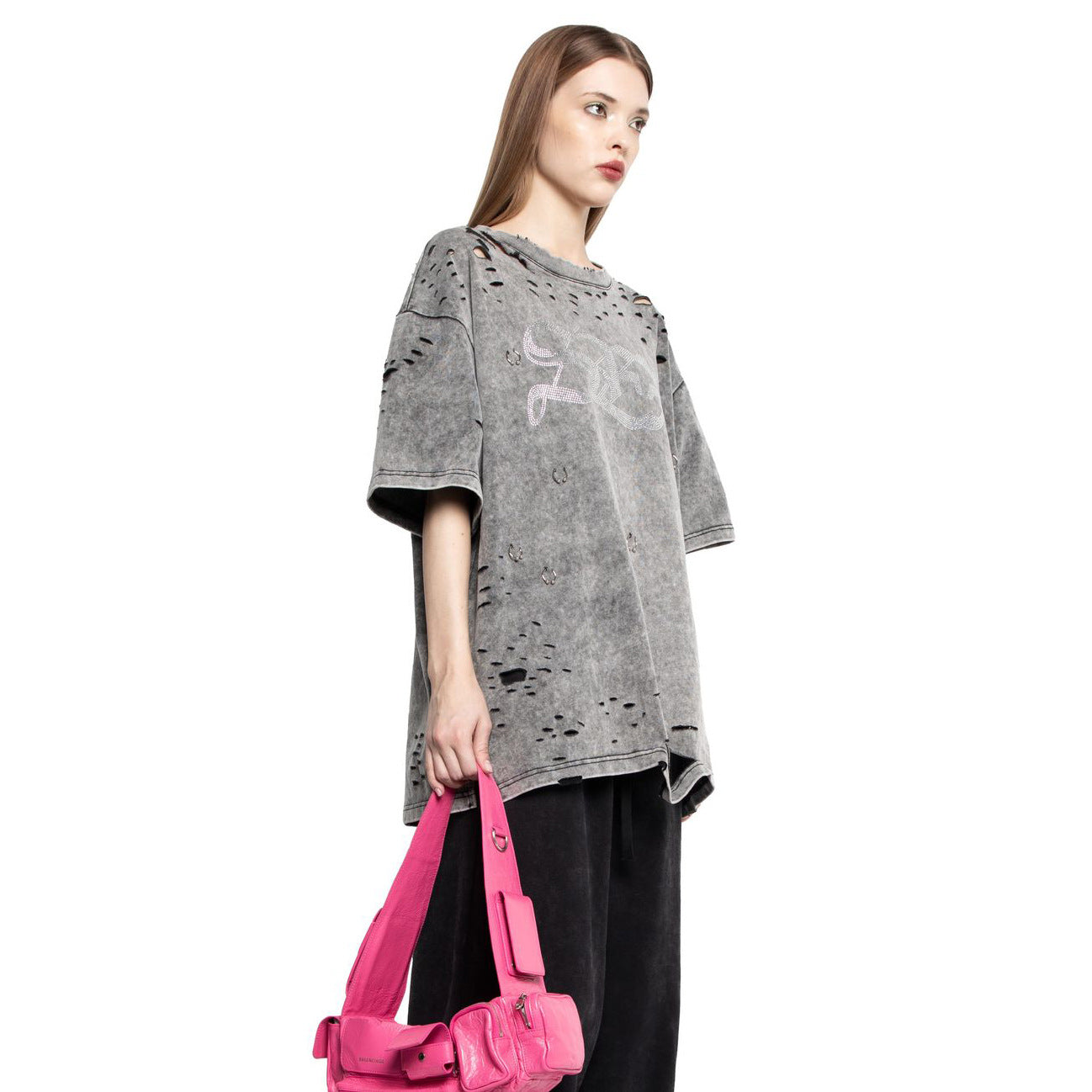 Damen Oversized T-Shirt mit modischen Destroyed-Elementen Stalluxe Hellgrau