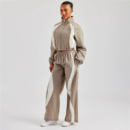 Damen Sportliches Crop-Set mit elastischem Bund und Kontraststreifen Stalluxe Khaki