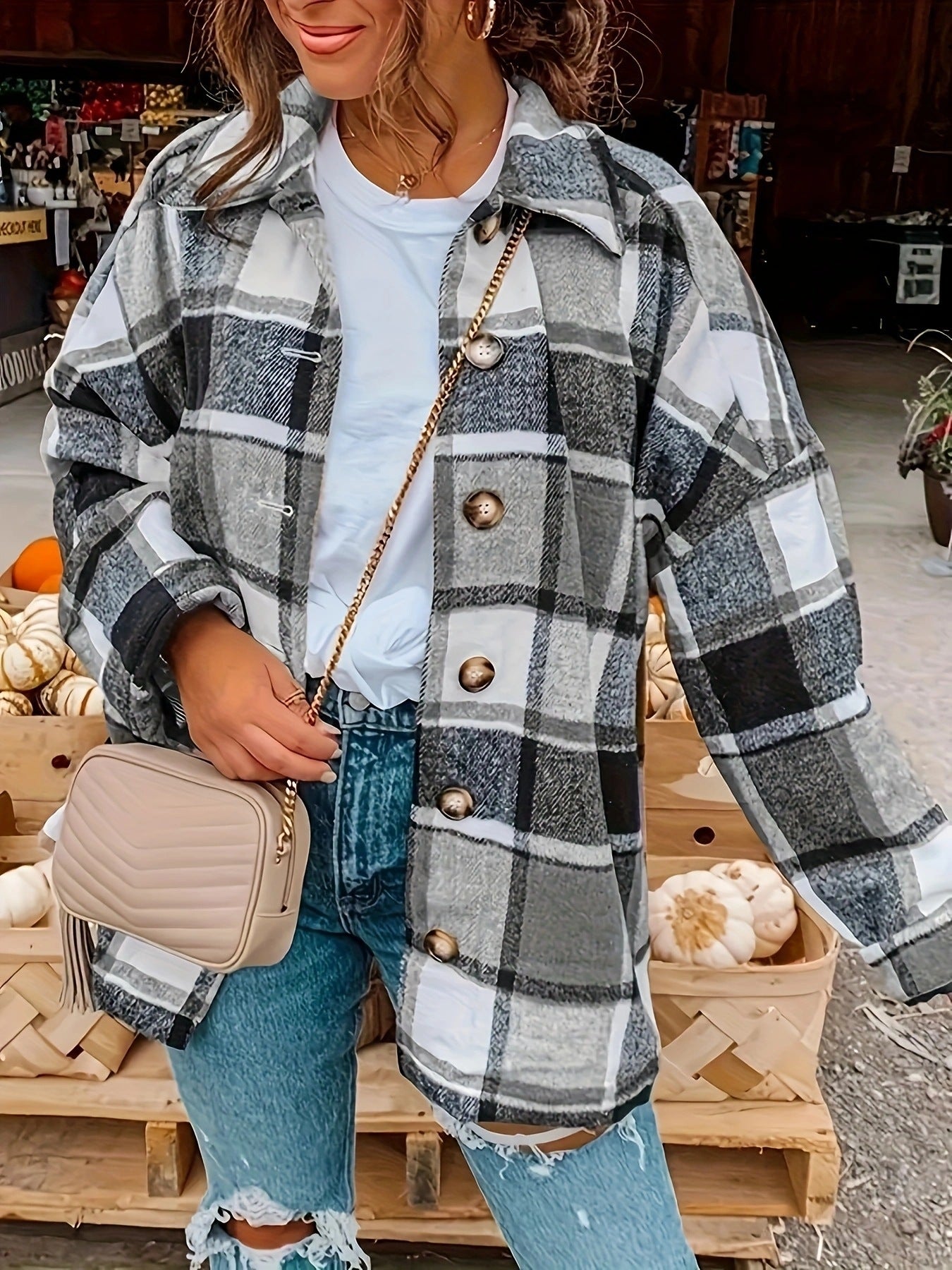 Damen Karojacke mit Knöpfen und modischem Schnitt Stalluxe