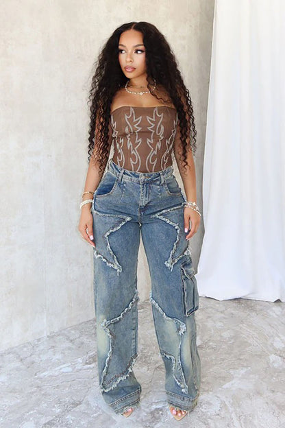 Damen Baggy-Jeans mit asymmetrischem Design und auffälligen Ziernähten Stalluxe