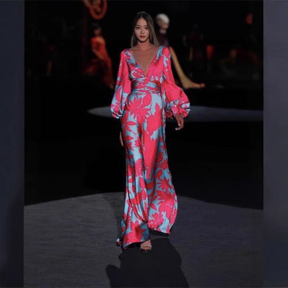 Damen Maxi-Kleid mit tiefem V-Ausschnitt und voluminösen Ärmeln Stalluxe