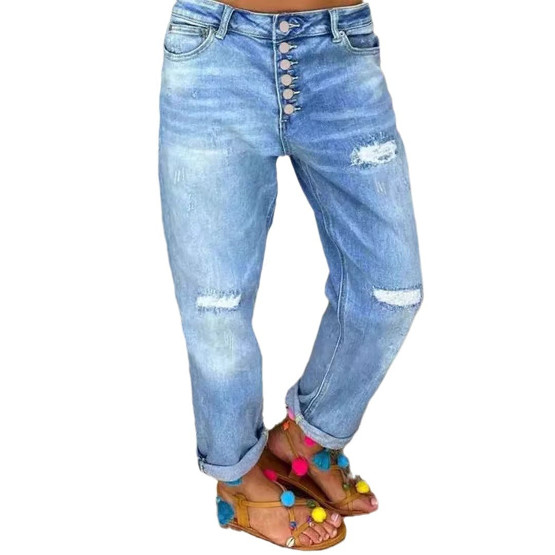 Damen Boyfriend Jeans mit Knopfverschluss und Distressed-Details Stalluxe