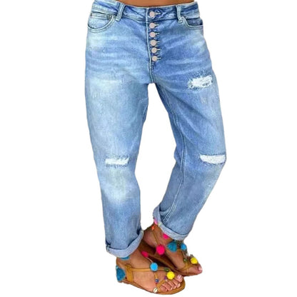 Damen Boyfriend Jeans mit Knopfverschluss und Distressed-Details Stalluxe