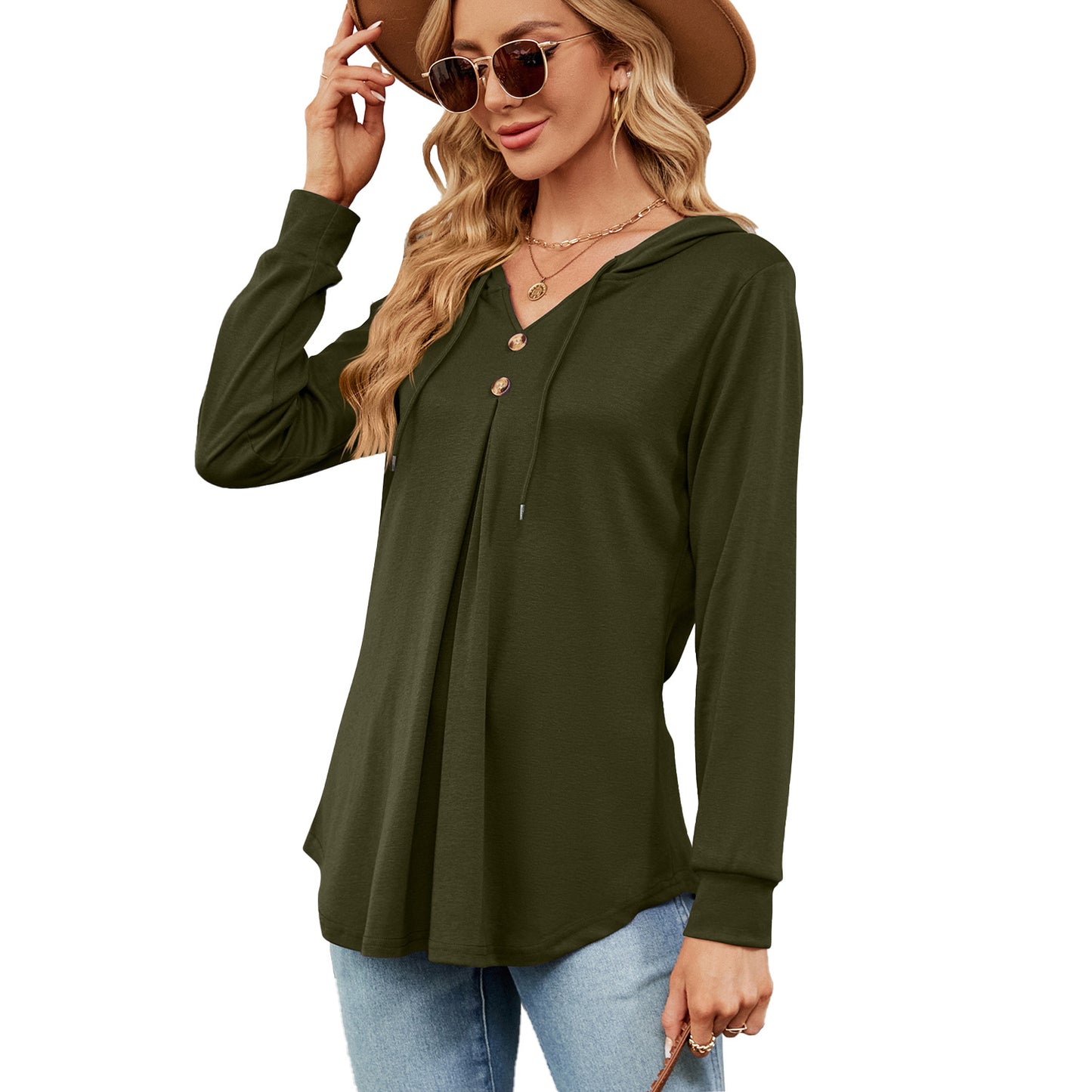 Damen Viskose Hoodie mit Knopfleiste und asymmetrischem Saum Stalluxe