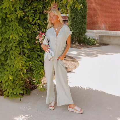 Damen Jumpsuit mit Knopfleiste und weit geschnittenem Bein Stalluxe